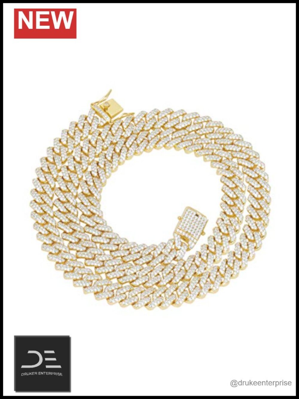 12mm 18K Gold Plated Iced Out Cuban Link Chain Necklace Prong-Setting Hip Hop
